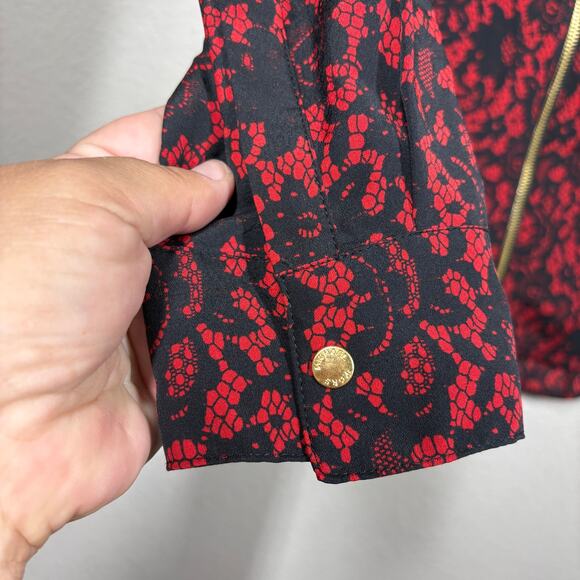 MICHAEL Michael Kors Medium Full Zip Shirt Crimson Black Floral Roll Tab Sleeves - Picture 7 of 11
